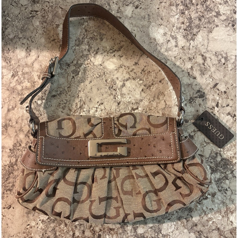 GUESS Y2K Vintage Brown Bordini Monogram Shoulder Bag Faux Ostrich G Buckle NWT